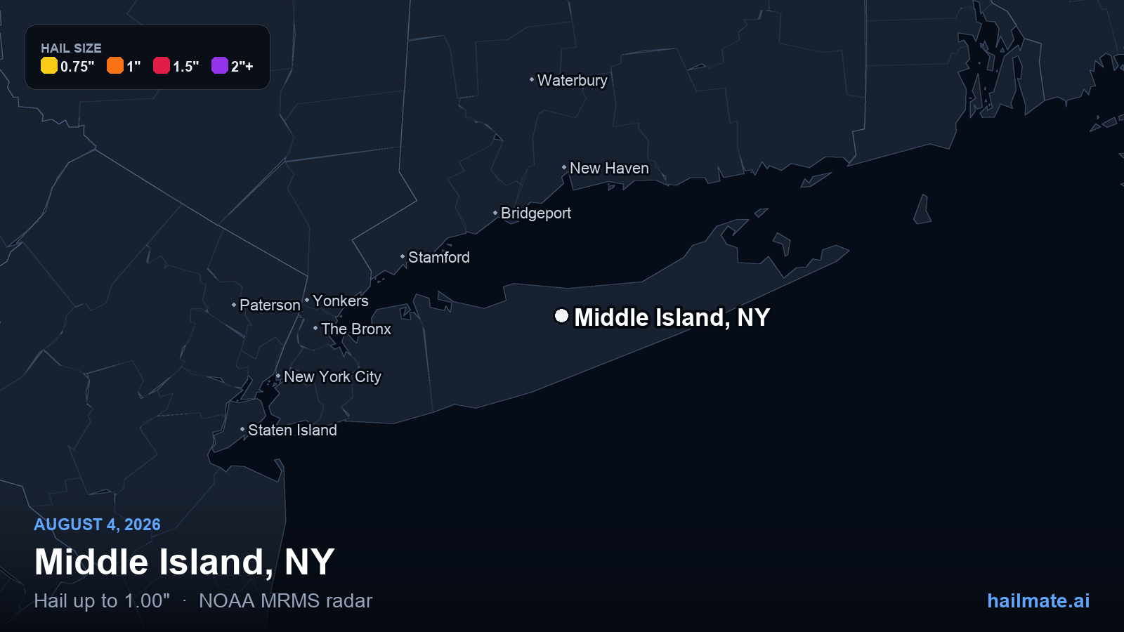 Hail swath map for Middle Island, NY on August 4, 2026 showing 1.00 inch hail.