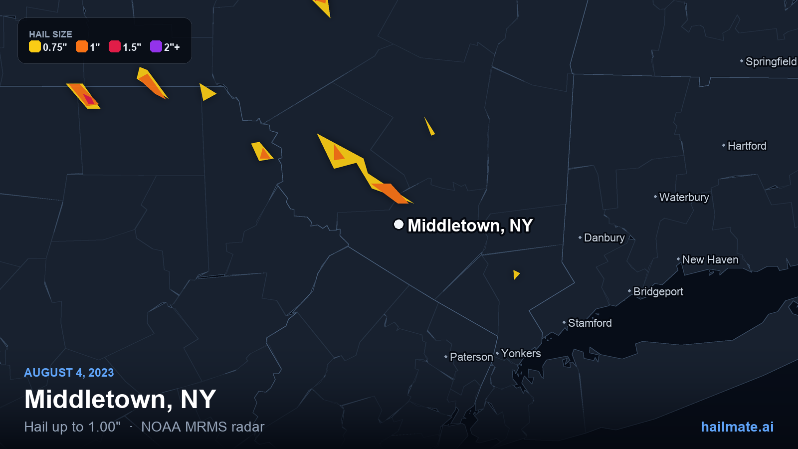 Hail swath map for Middletown, NY on August 4, 2023 showing 1.00 inch hail.