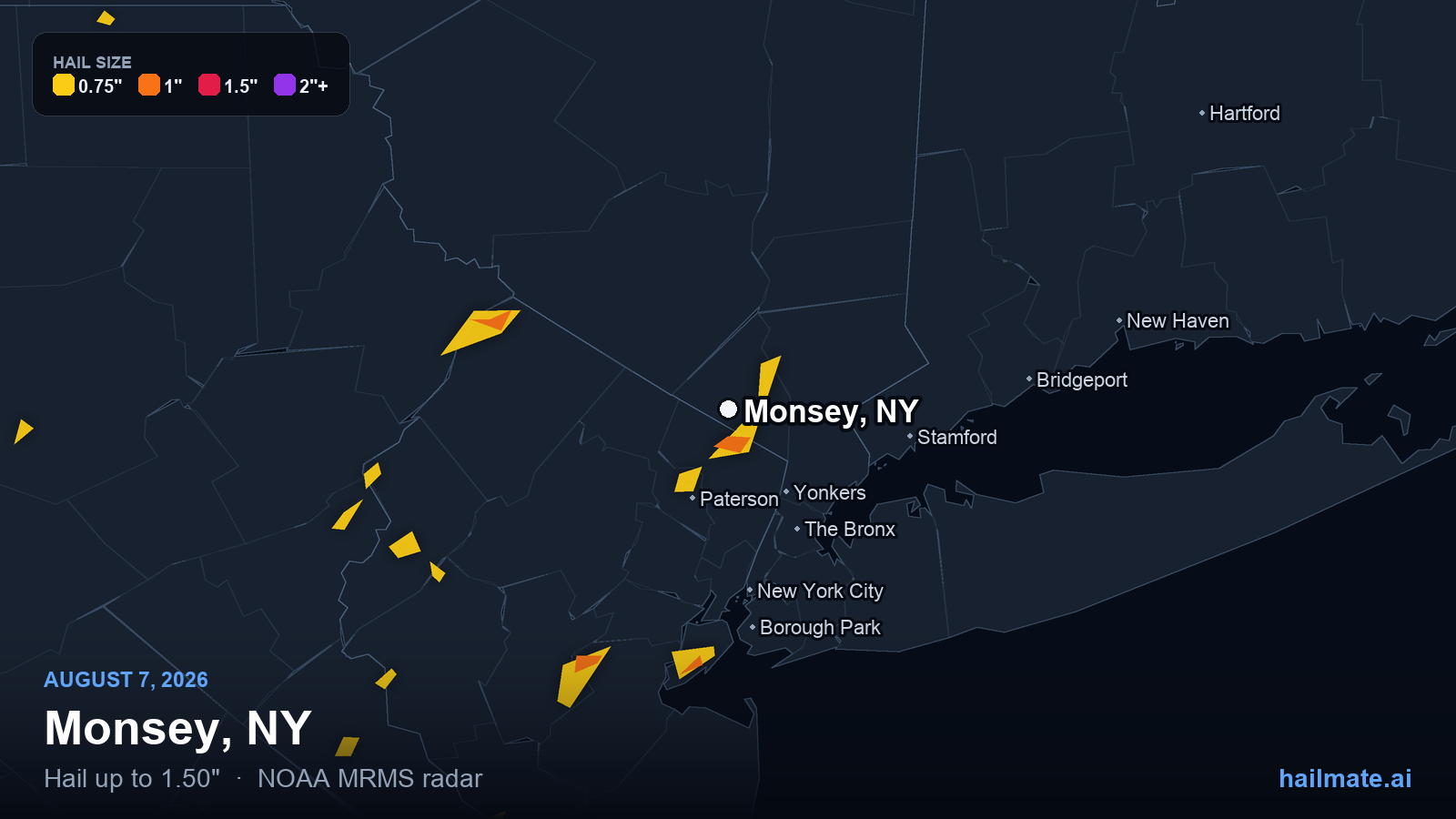 Hail swath map for Monsey, NY on August 7, 2026 showing 1.50 inch hail.