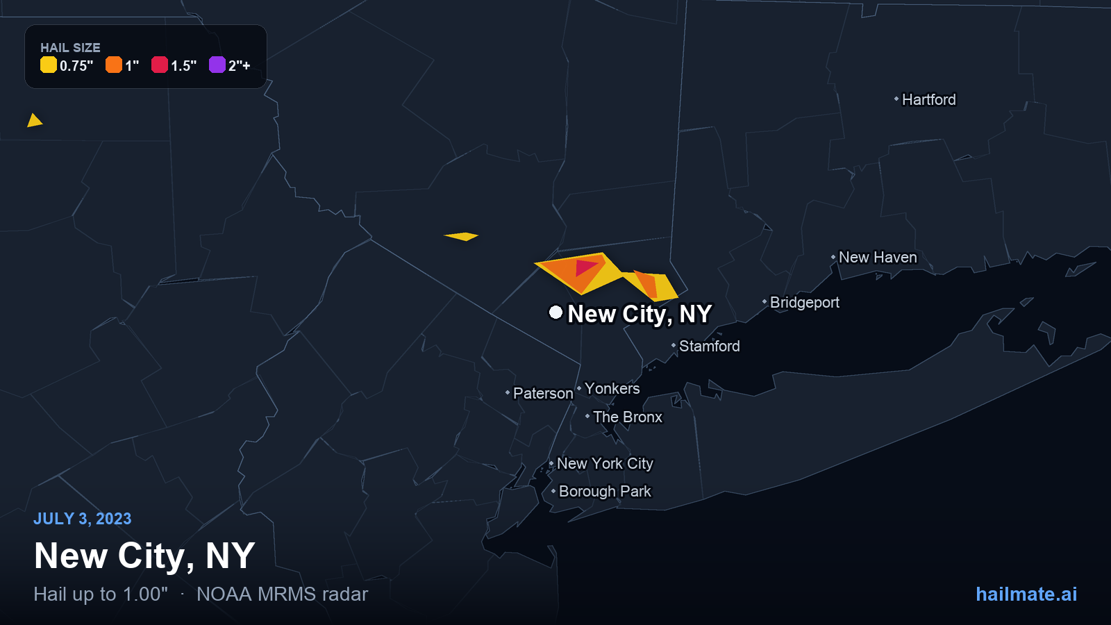Hail swath map for New City, NY on July 3, 2023 showing 1.00 inch hail.