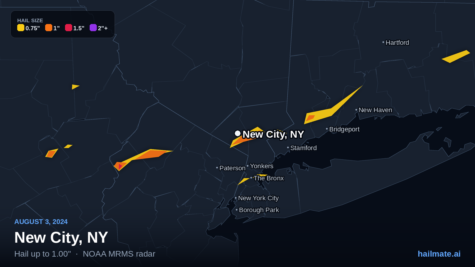 Hail swath map for New City, NY on August 3, 2024 showing 1.00 inch hail.