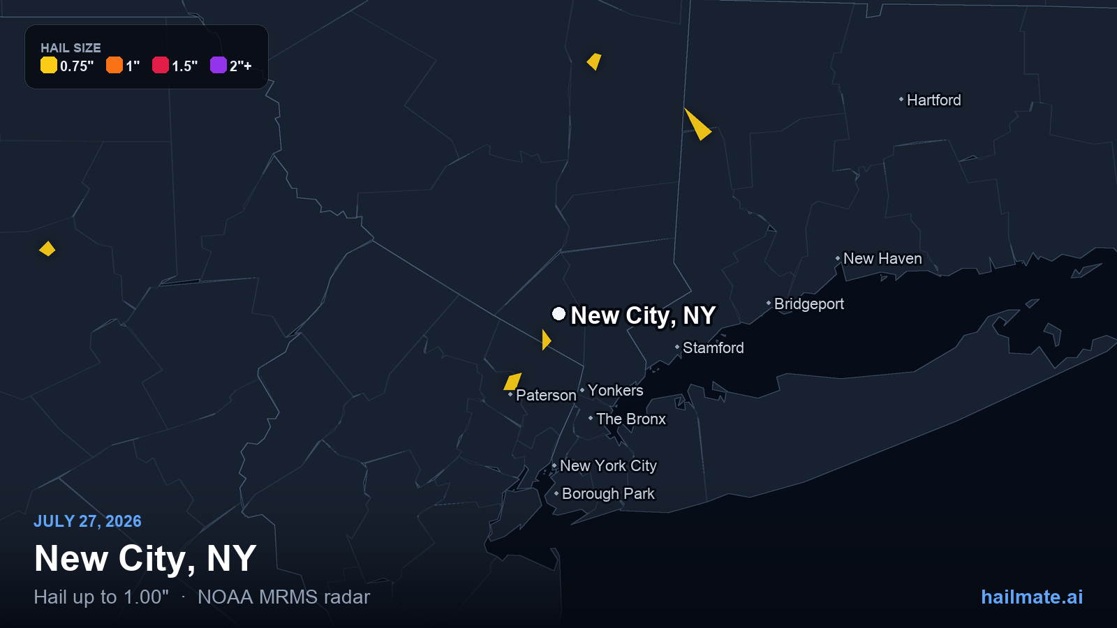 Hail swath map for New City, NY on July 27, 2026 showing 1.00 inch hail.