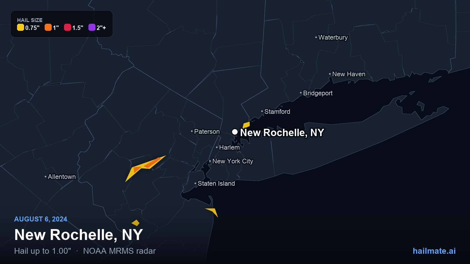 Hail swath map for New Rochelle, NY on August 6, 2024 showing 1.00 inch hail.
