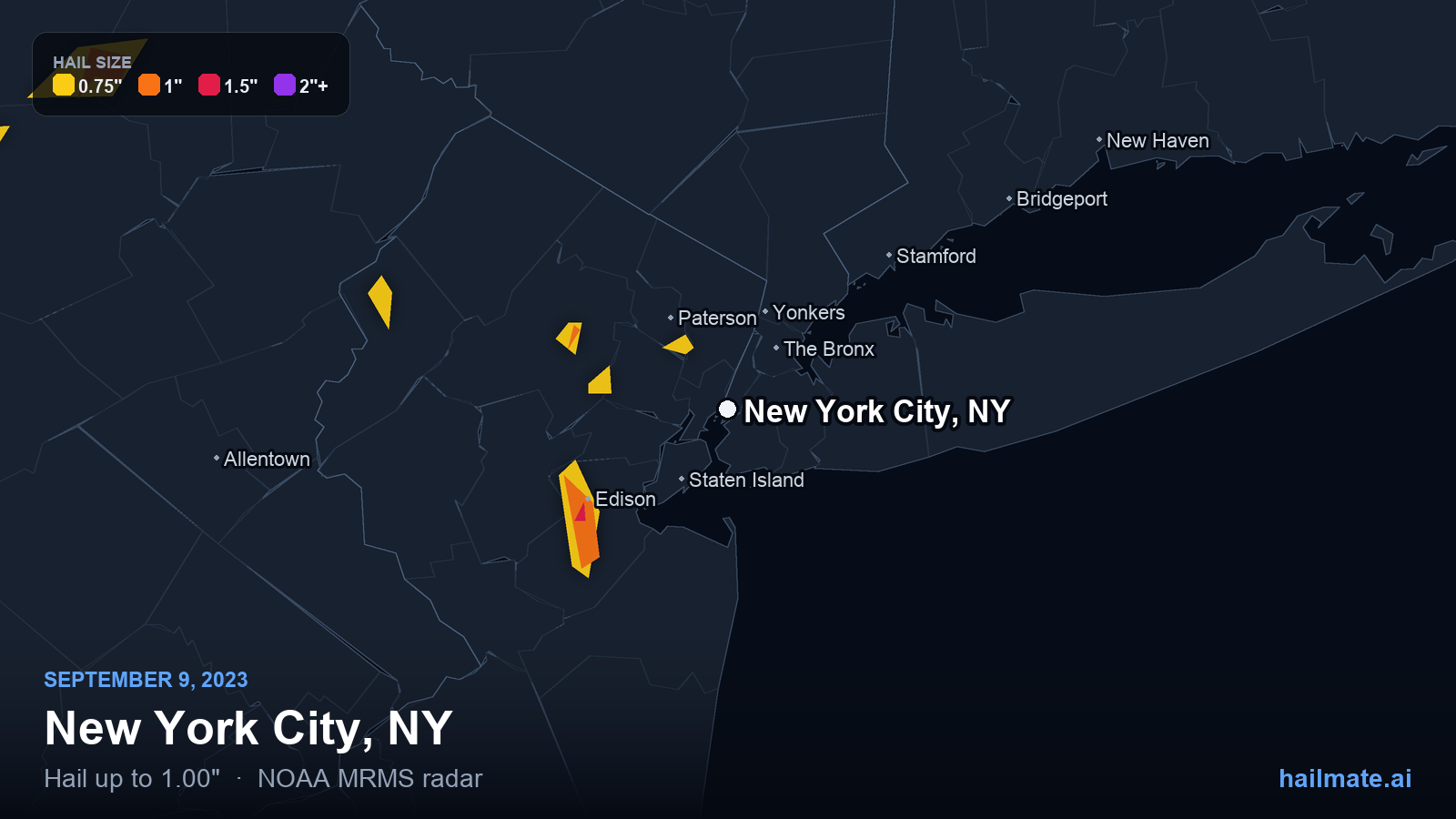 Hail swath map for New York City, NY on September 9, 2023 showing 1.00 inch hail.