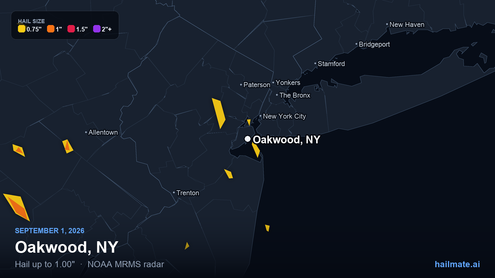 Hail swath map for Oakwood, NY on September 1, 2026 showing 1.00 inch hail.