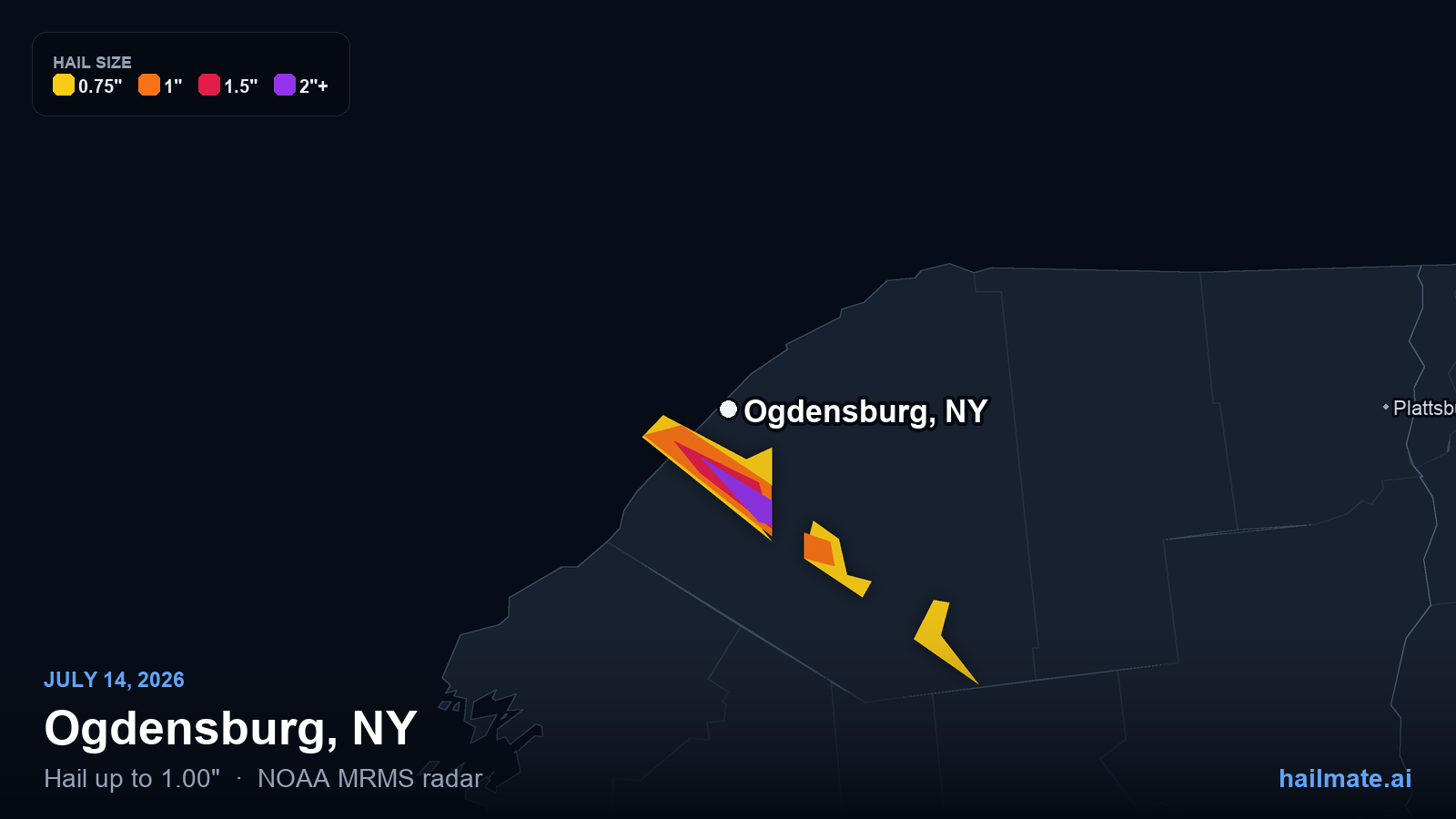 Hail swath map for Ogdensburg, NY on July 14, 2026 showing 1.00 inch hail.