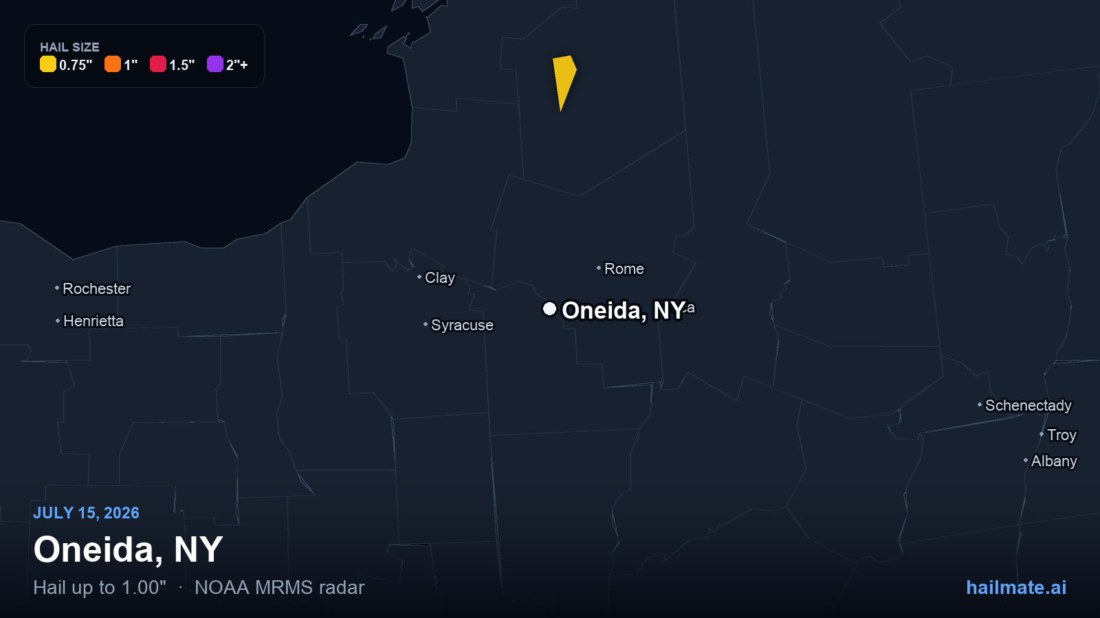 Hail swath map for Oneida, NY on July 15, 2026 showing 1.00 inch hail.
