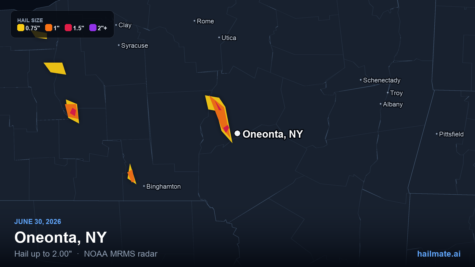Hail swath map for Oneonta, NY on June 30, 2026 showing 2.00 inch hail.