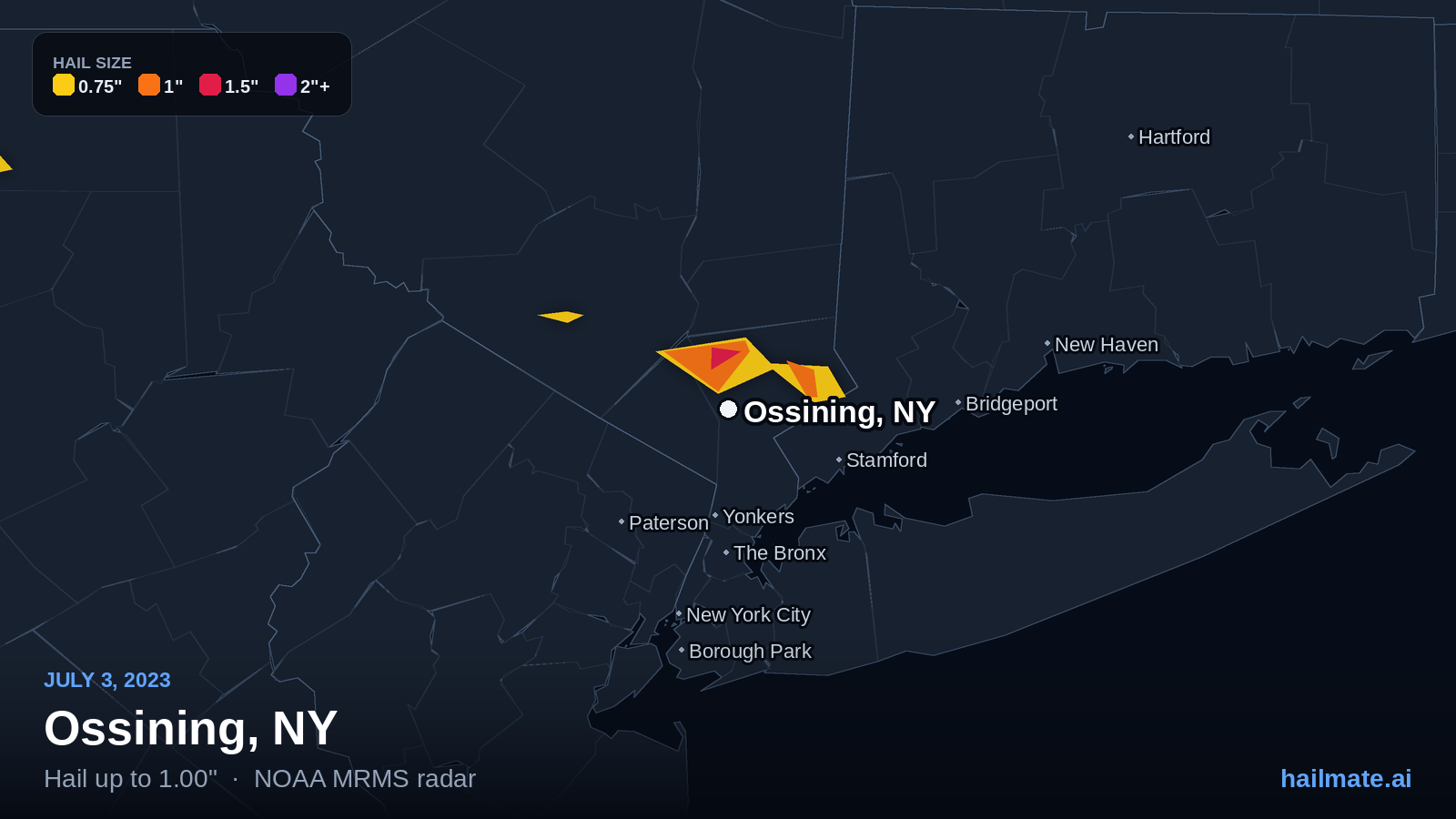 Hail swath map for Ossining, NY on July 3, 2023 showing 1.00 inch hail.