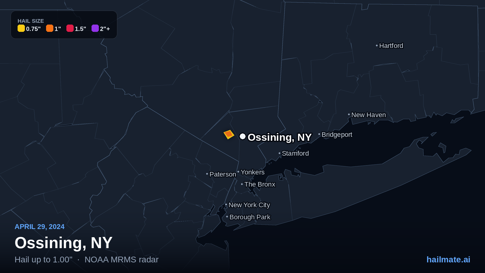 Hail swath map for Ossining, NY on April 29, 2024 showing 1.00 inch hail.