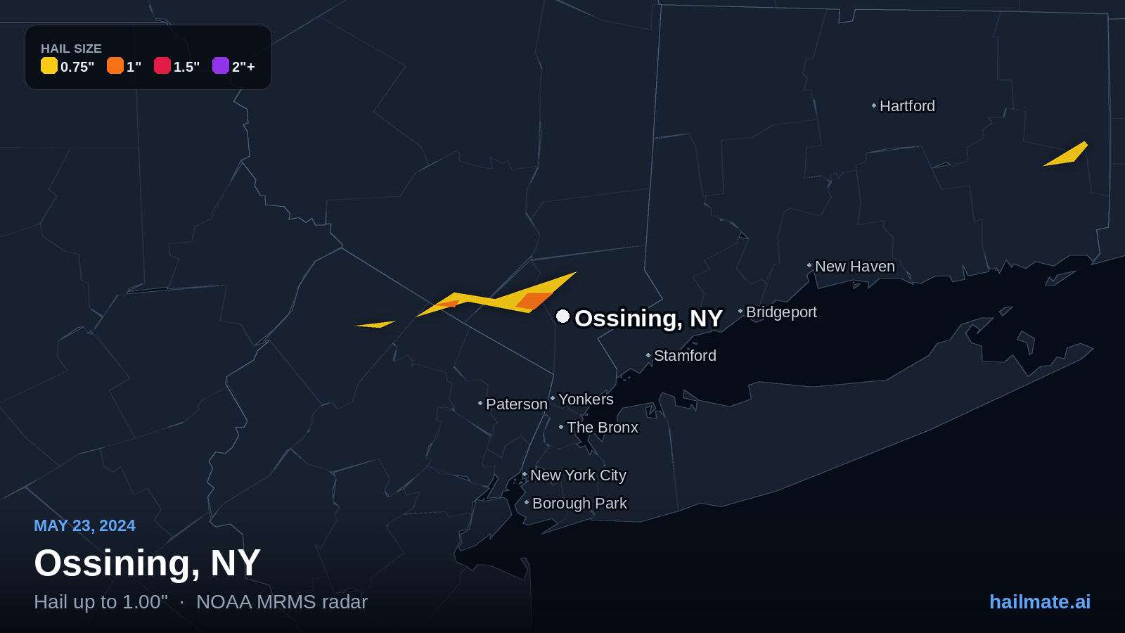 Hail swath map for Ossining, NY on May 23, 2024 showing 1.00 inch hail.