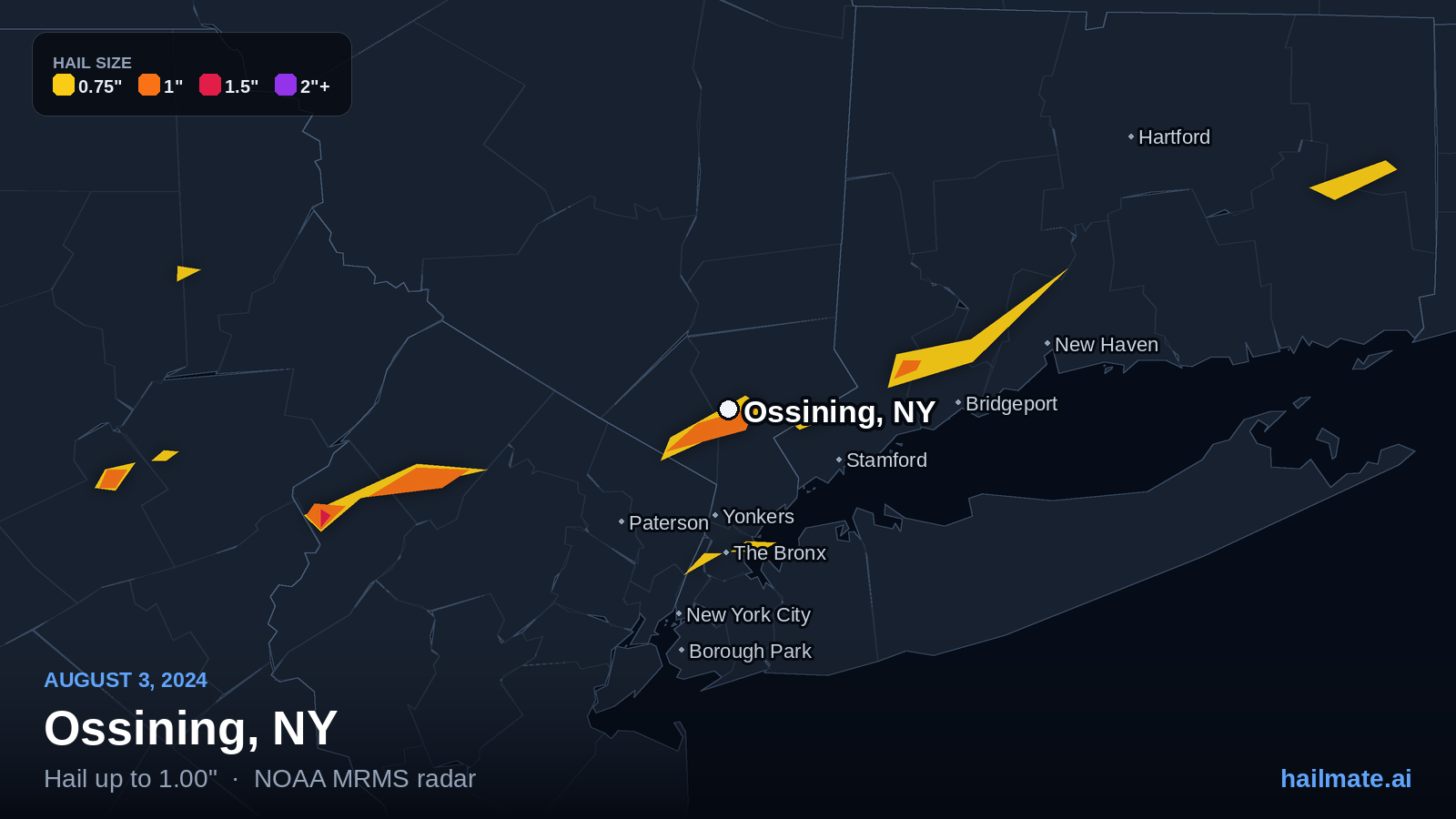 Hail swath map for Ossining, NY on August 3, 2024 showing 1.00 inch hail.