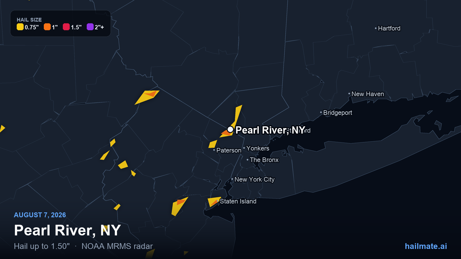 Hail swath map for Pearl River, NY on August 7, 2026 showing 1.50 inch hail.