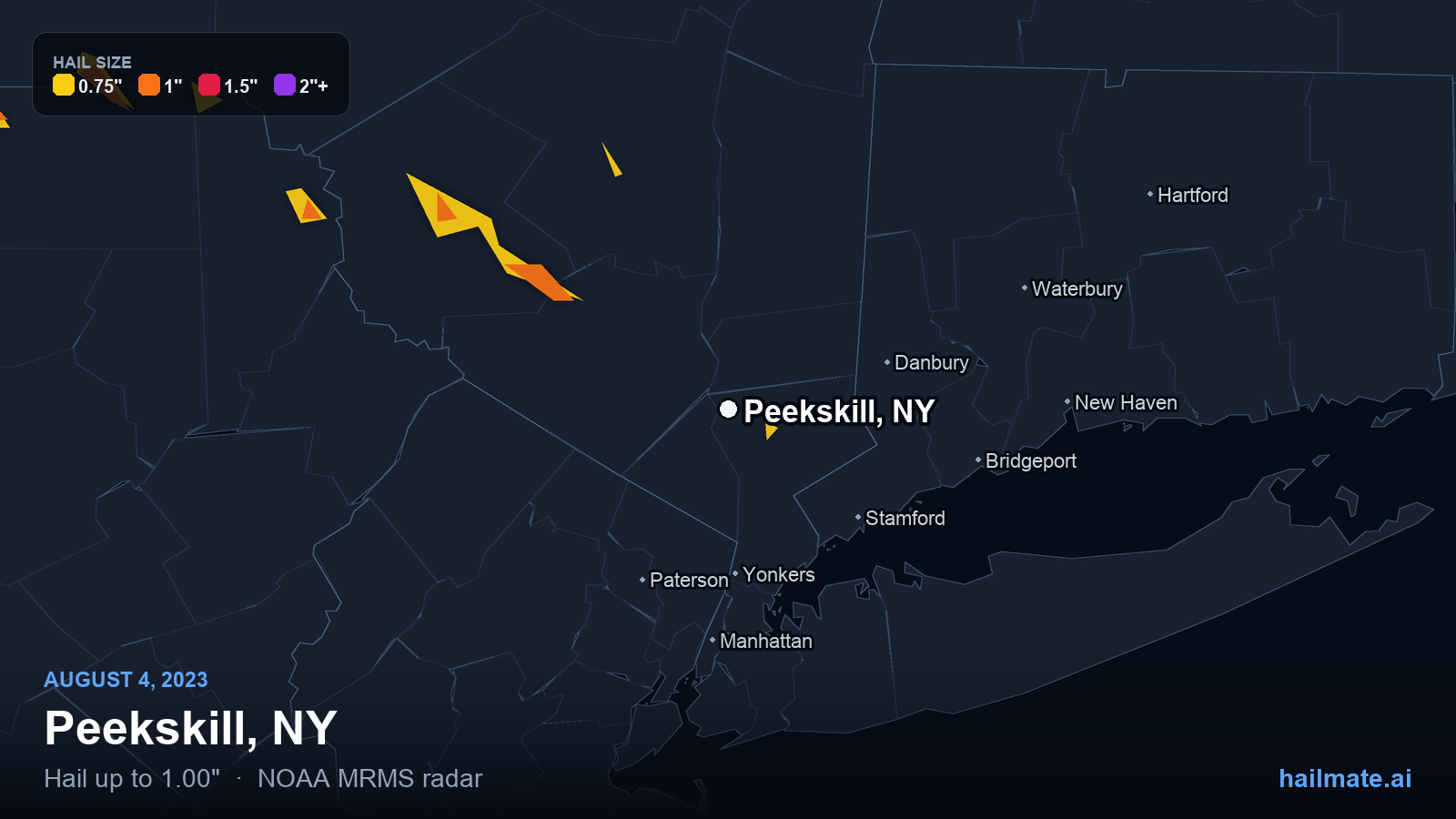 Hail swath map for Peekskill, NY on August 4, 2023 showing 1.00 inch hail.