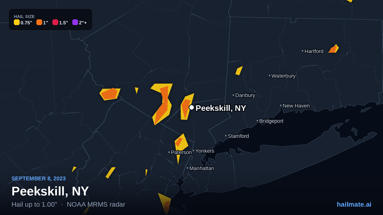 Hail swath map for Peekskill, NY on September 8, 2023 showing 1.00 inch hail.
