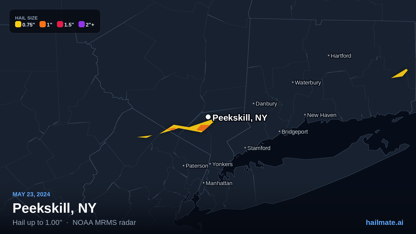 Hail swath map for Peekskill, NY on May 23, 2024 showing 1.00 inch hail.