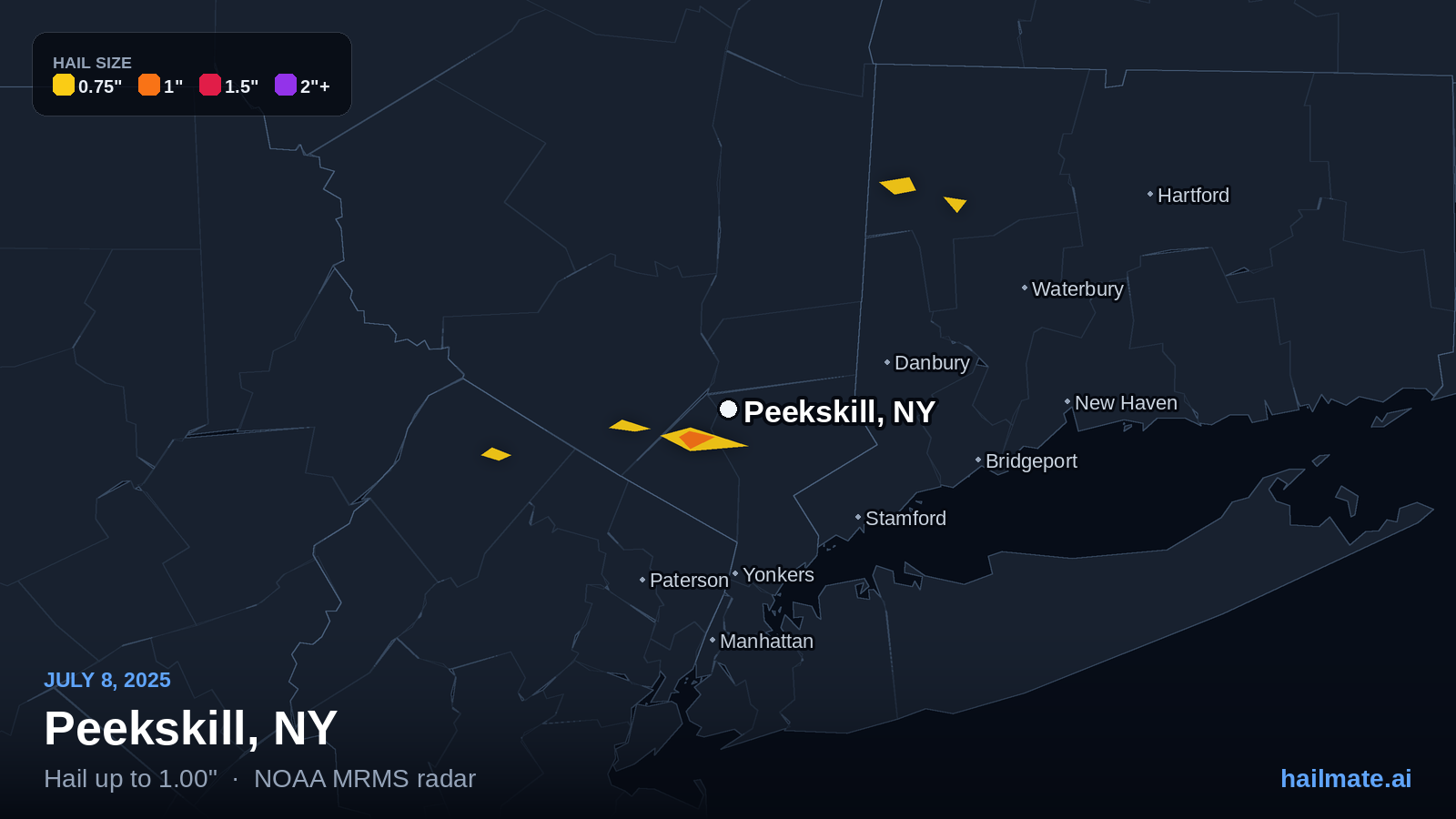 Hail swath map for Peekskill, NY on July 8, 2025 showing 1.00 inch hail.