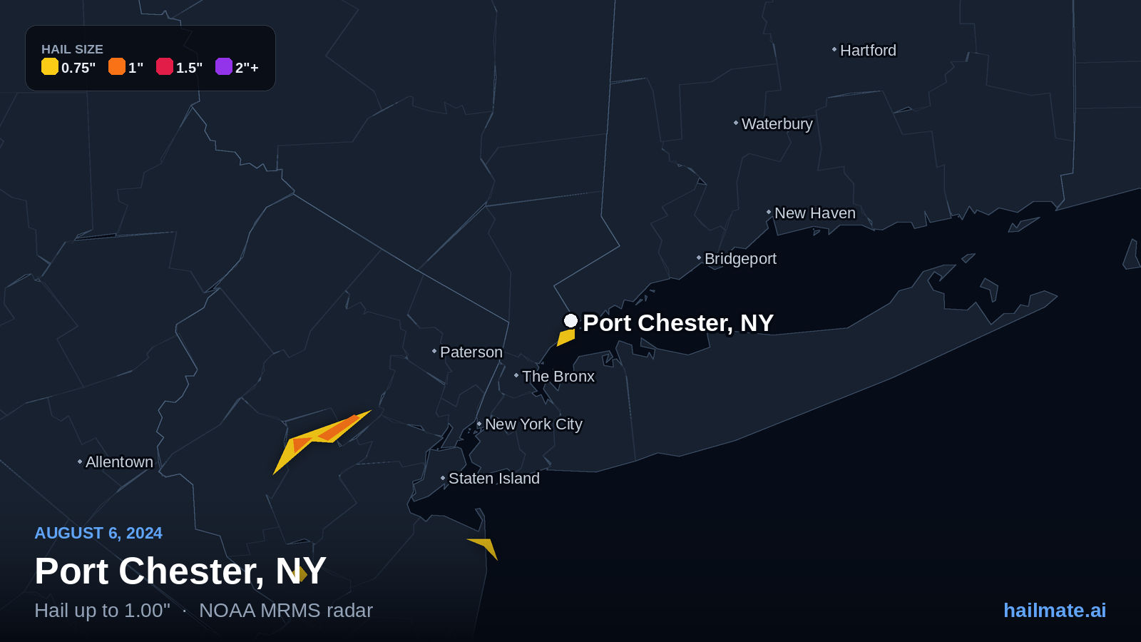 Hail swath map for Port Chester, NY on August 6, 2024 showing 1.00 inch hail.