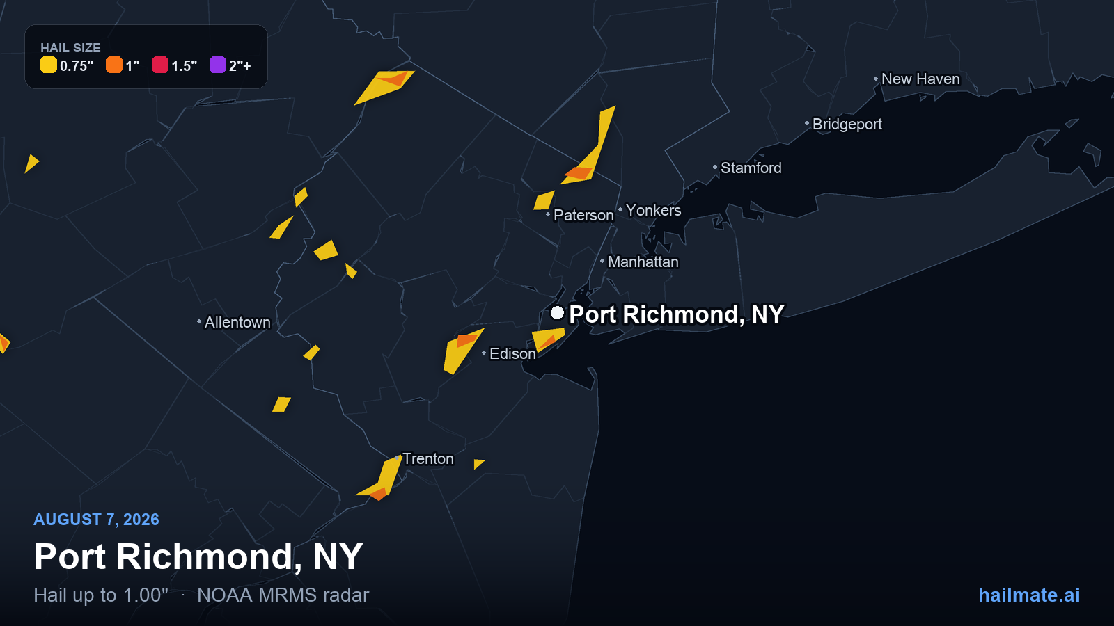 Hail swath map for Port Richmond, NY on August 7, 2026 showing 1.00 inch hail.