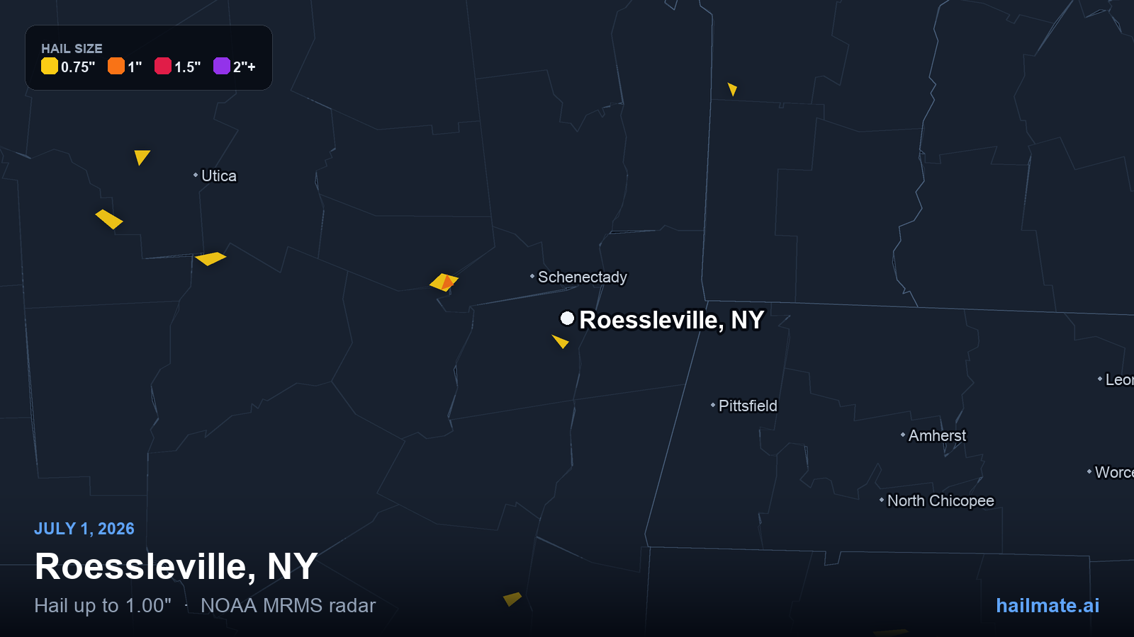 Hail swath map for Roessleville, NY on July 1, 2026 showing 1.00 inch hail.