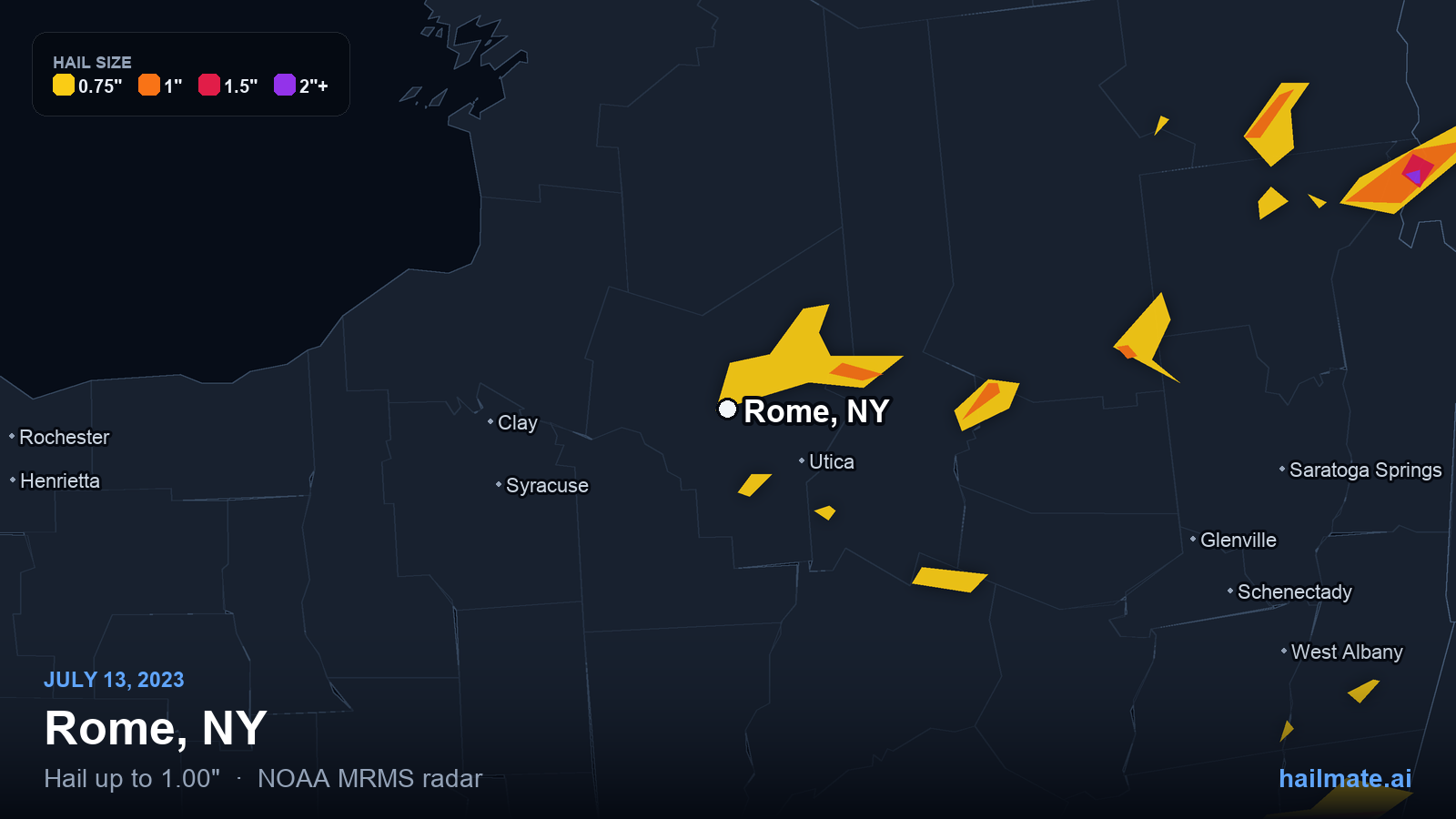 Hail swath map for Rome, NY on July 13, 2023 showing 1.00 inch hail.