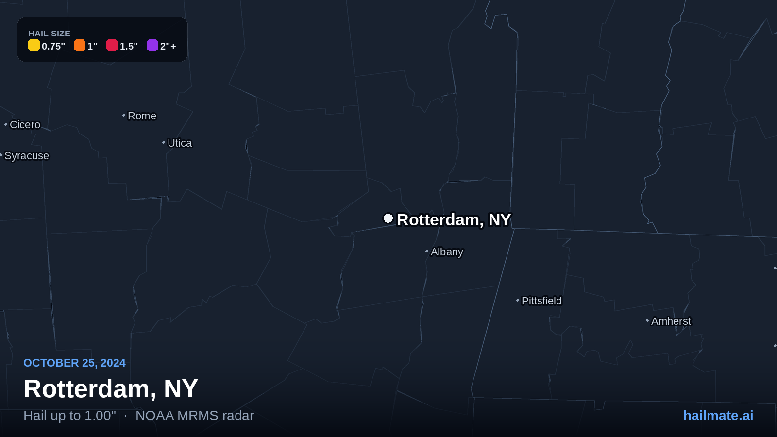 Hail swath map for Rotterdam, NY on October 25, 2024 showing 1.00 inch hail.