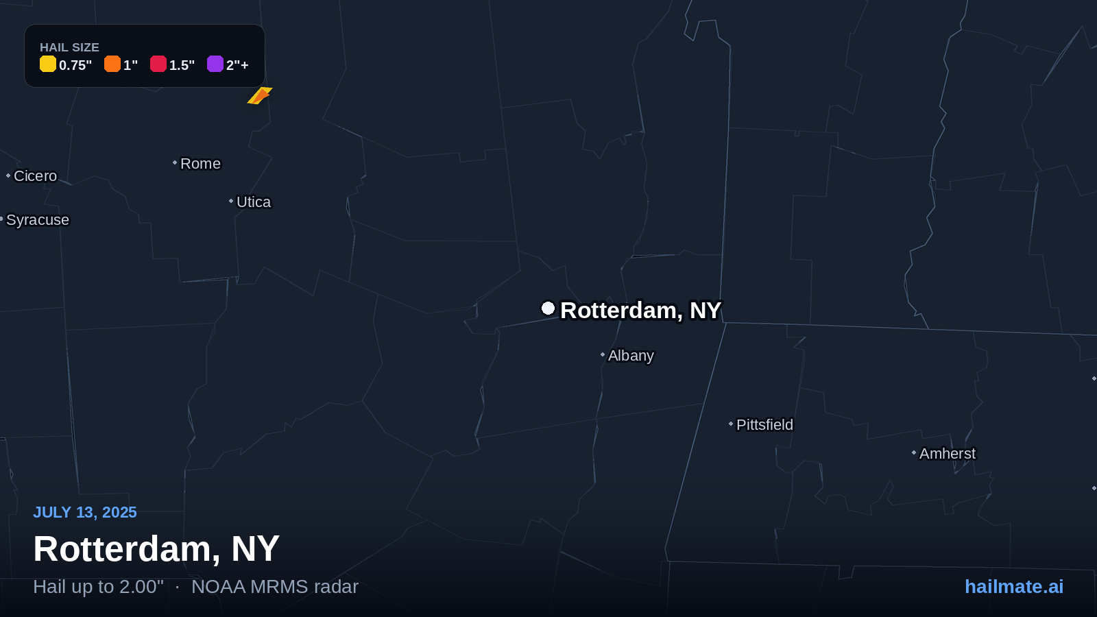Hail swath map for Rotterdam, NY on July 13, 2025 showing 2.00 inch hail.