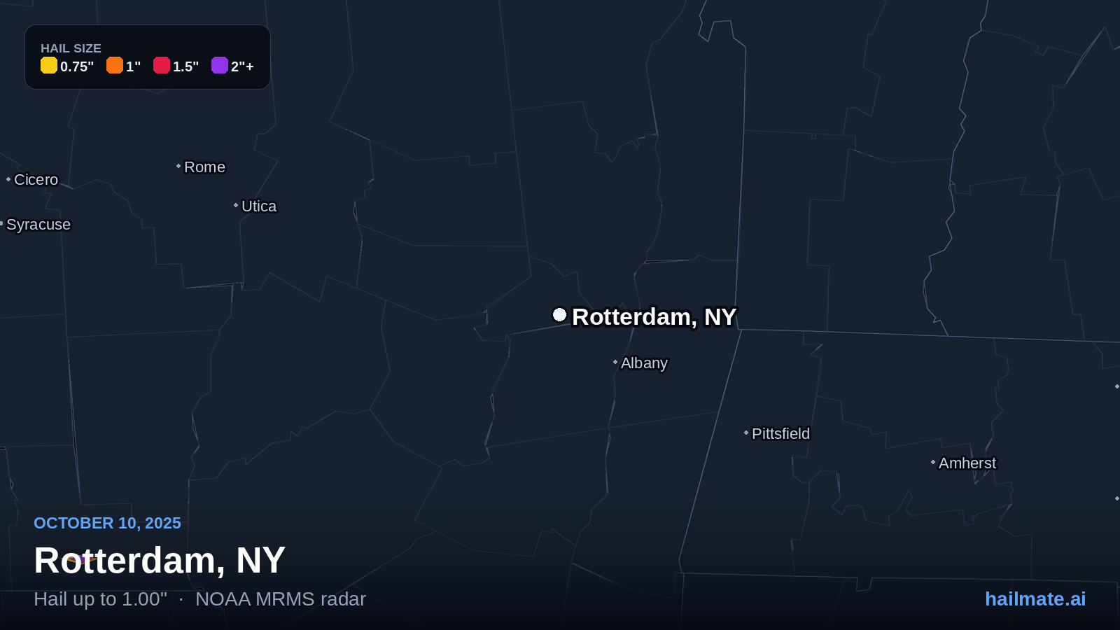 Hail swath map for Rotterdam, NY on October 10, 2025 showing 1.00 inch hail.