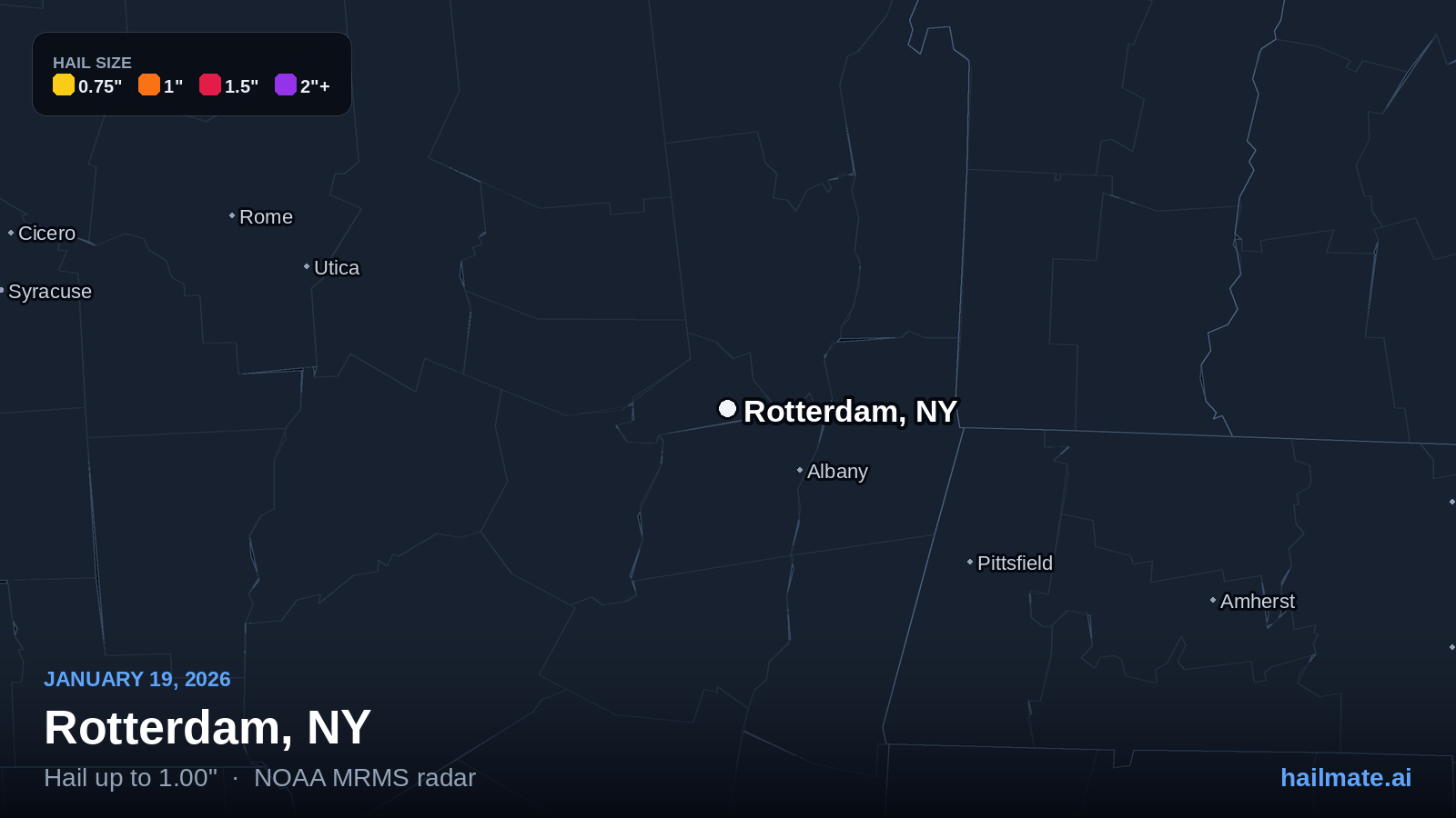 Hail swath map for Rotterdam, NY on January 19, 2026 showing 1.00 inch hail.