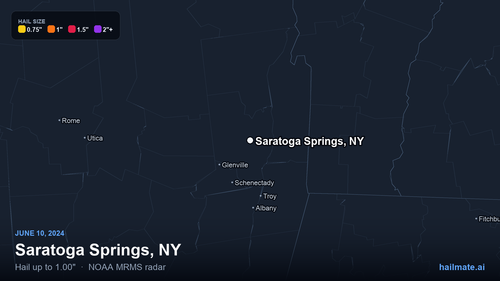 Hail swath map for Saratoga Springs, NY on June 10, 2024 showing 1.00 inch hail.