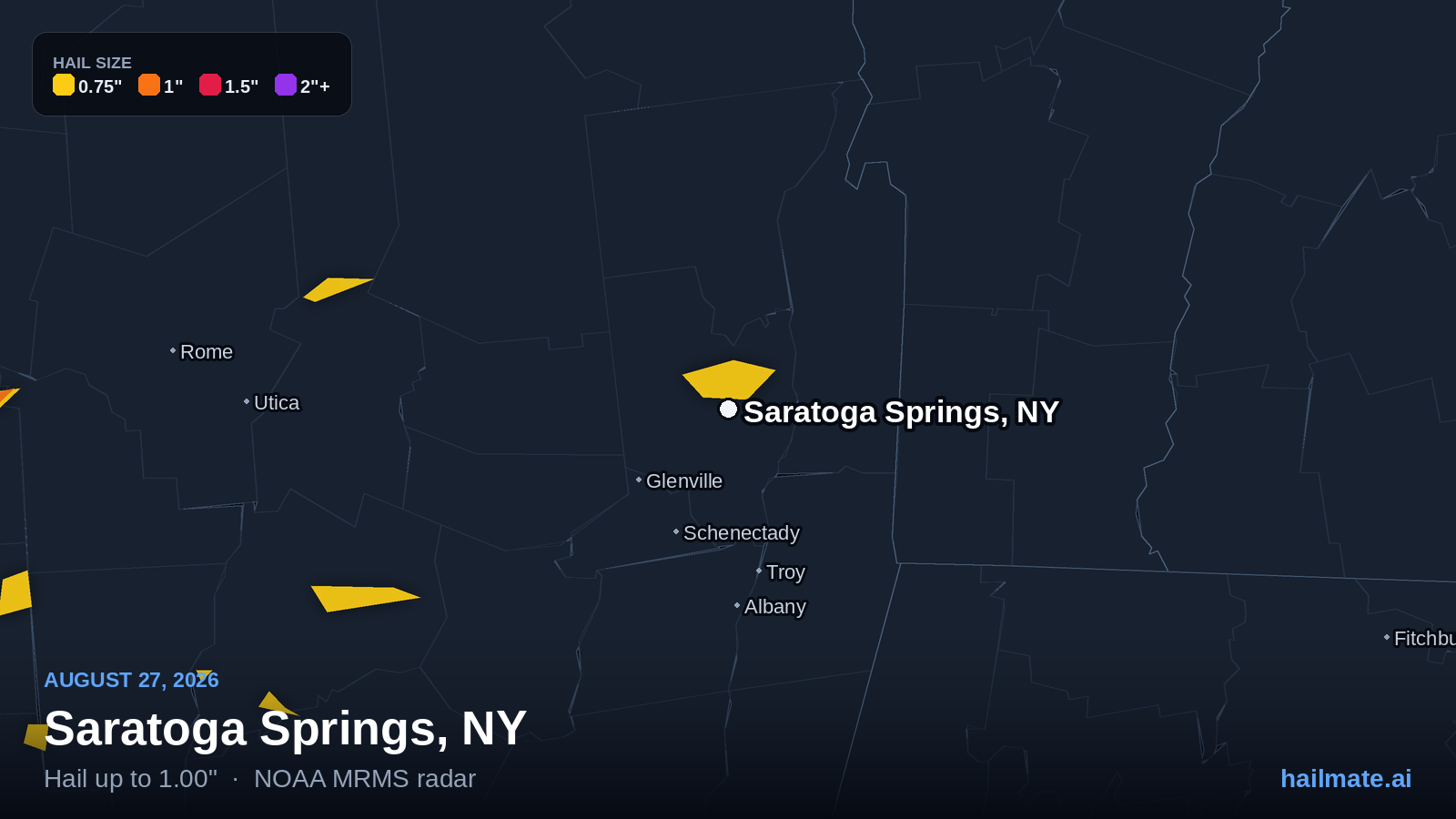 Hail swath map for Saratoga Springs, NY on August 27, 2026 showing 1.00 inch hail.