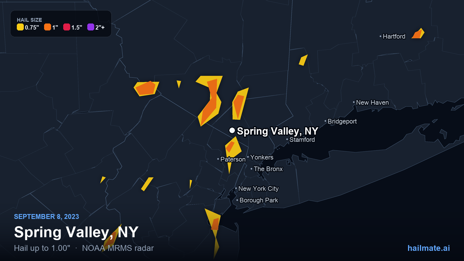 Hail swath map for Spring Valley, NY on September 8, 2023 showing 1.00 inch hail.