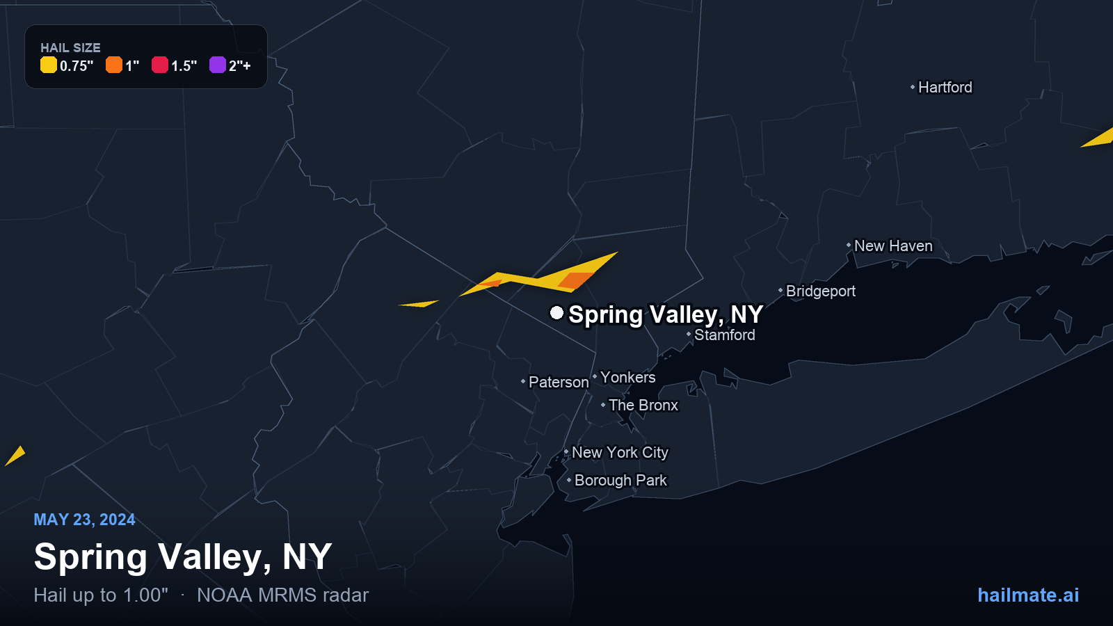 Hail swath map for Spring Valley, NY on May 23, 2024 showing 1.00 inch hail.
