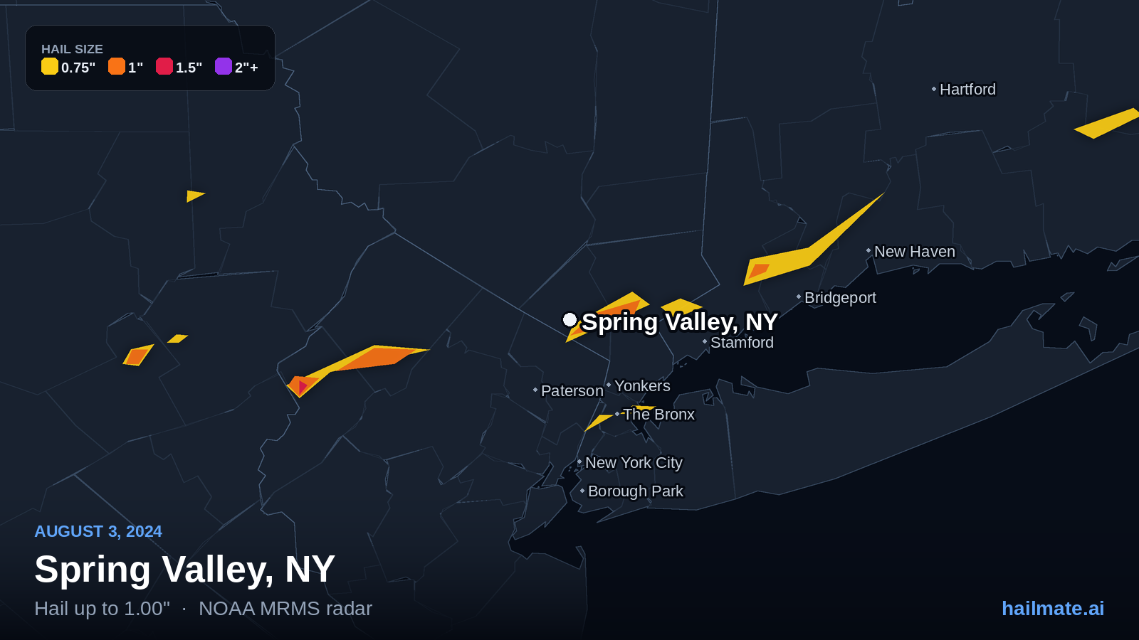 Hail swath map for Spring Valley, NY on August 3, 2024 showing 1.00 inch hail.