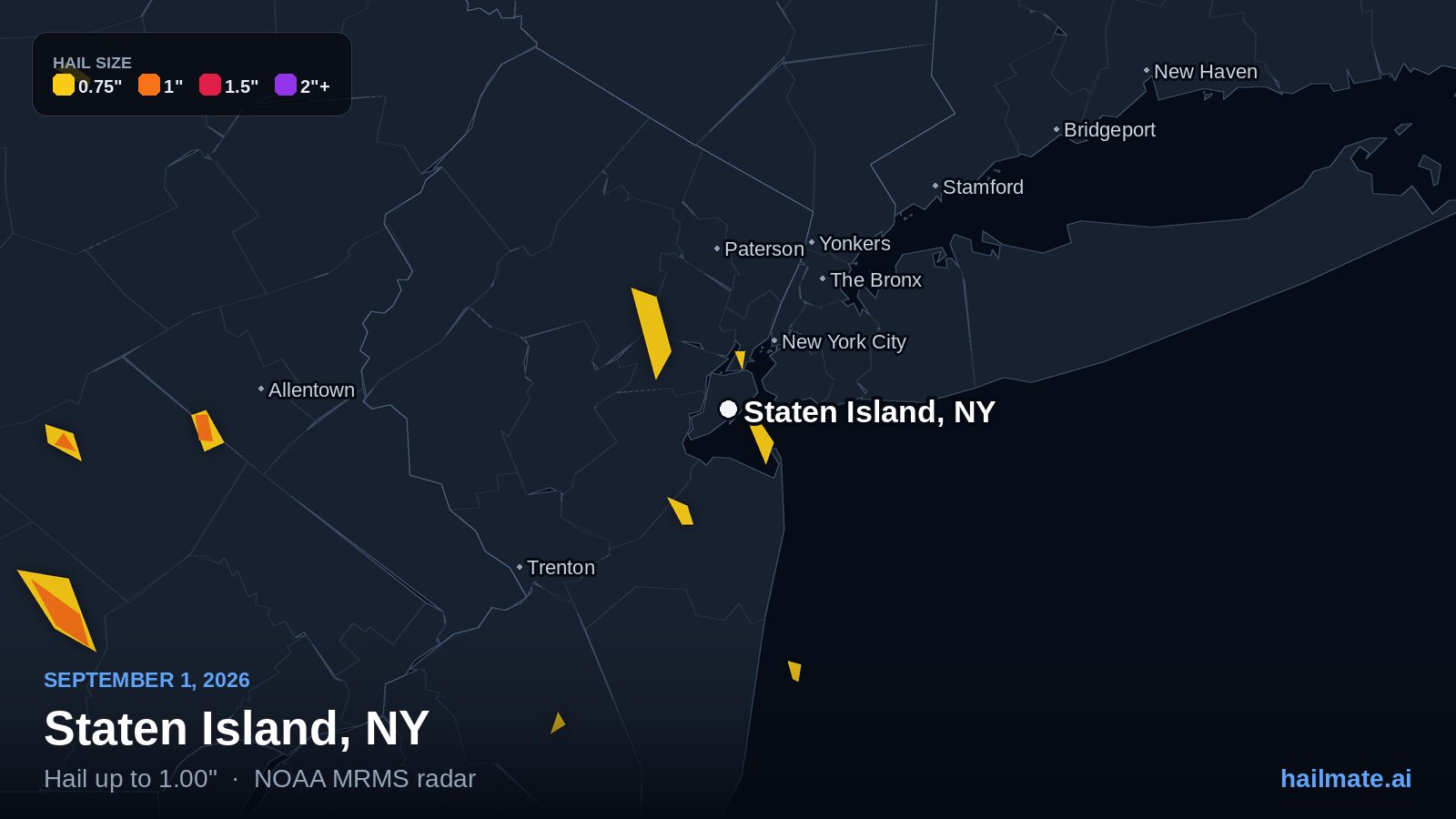 Hail swath map for Staten Island, NY on September 1, 2026 showing 1.00 inch hail.