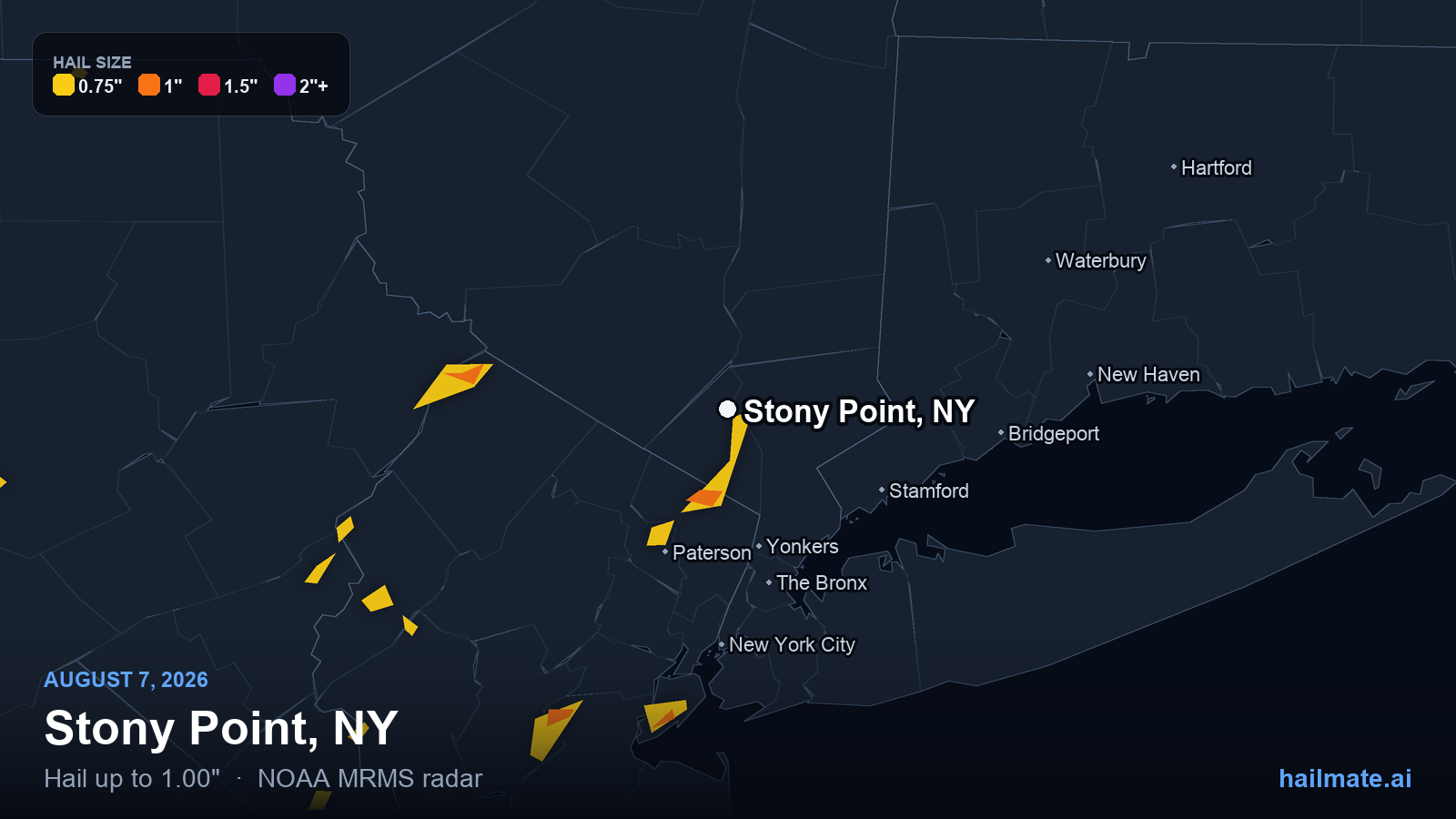 Hail swath map for Stony Point, NY on August 7, 2026 showing 1.00 inch hail.