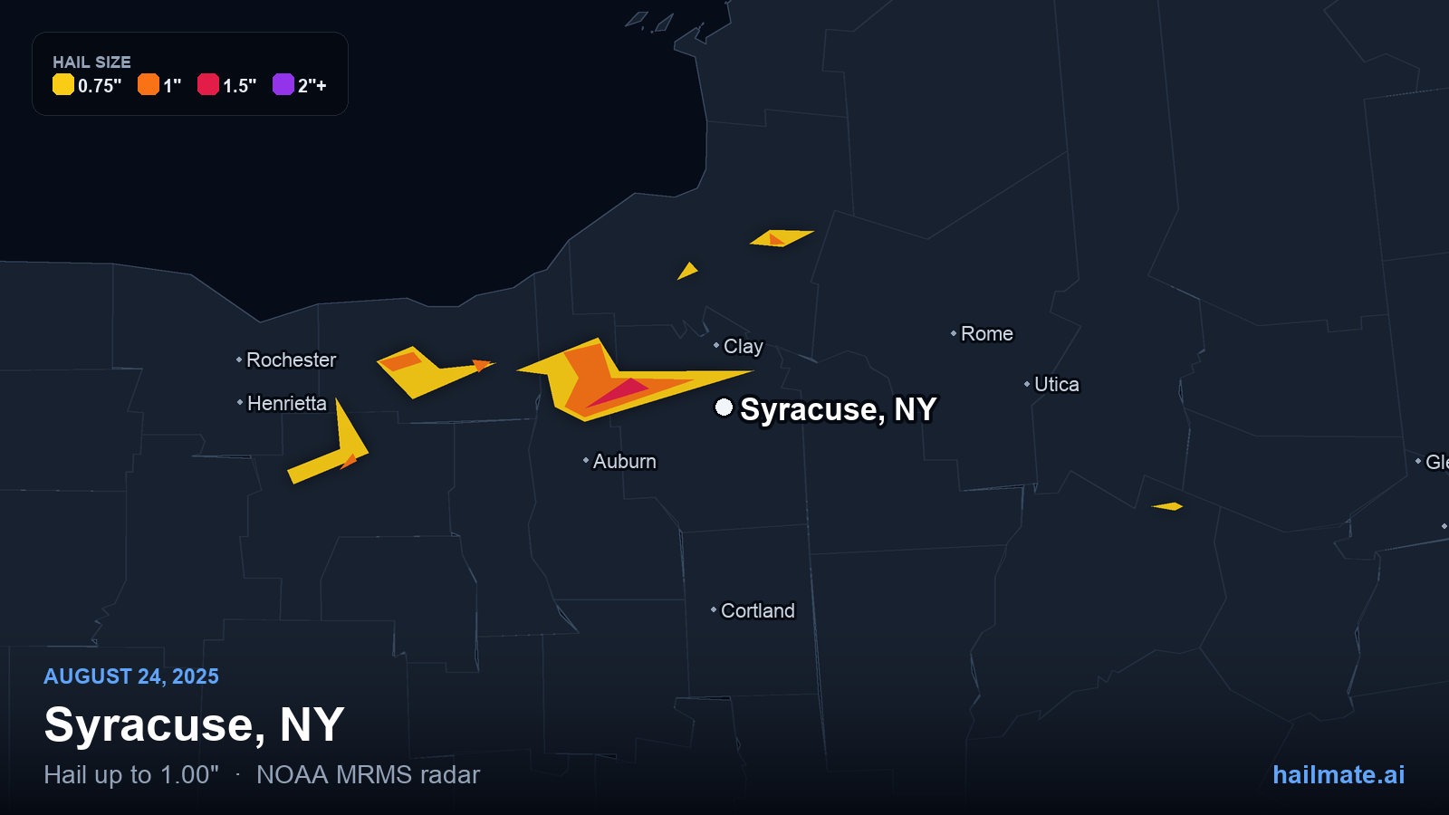 Hail swath map for Syracuse, NY on August 24, 2025 showing 1.00 inch hail.