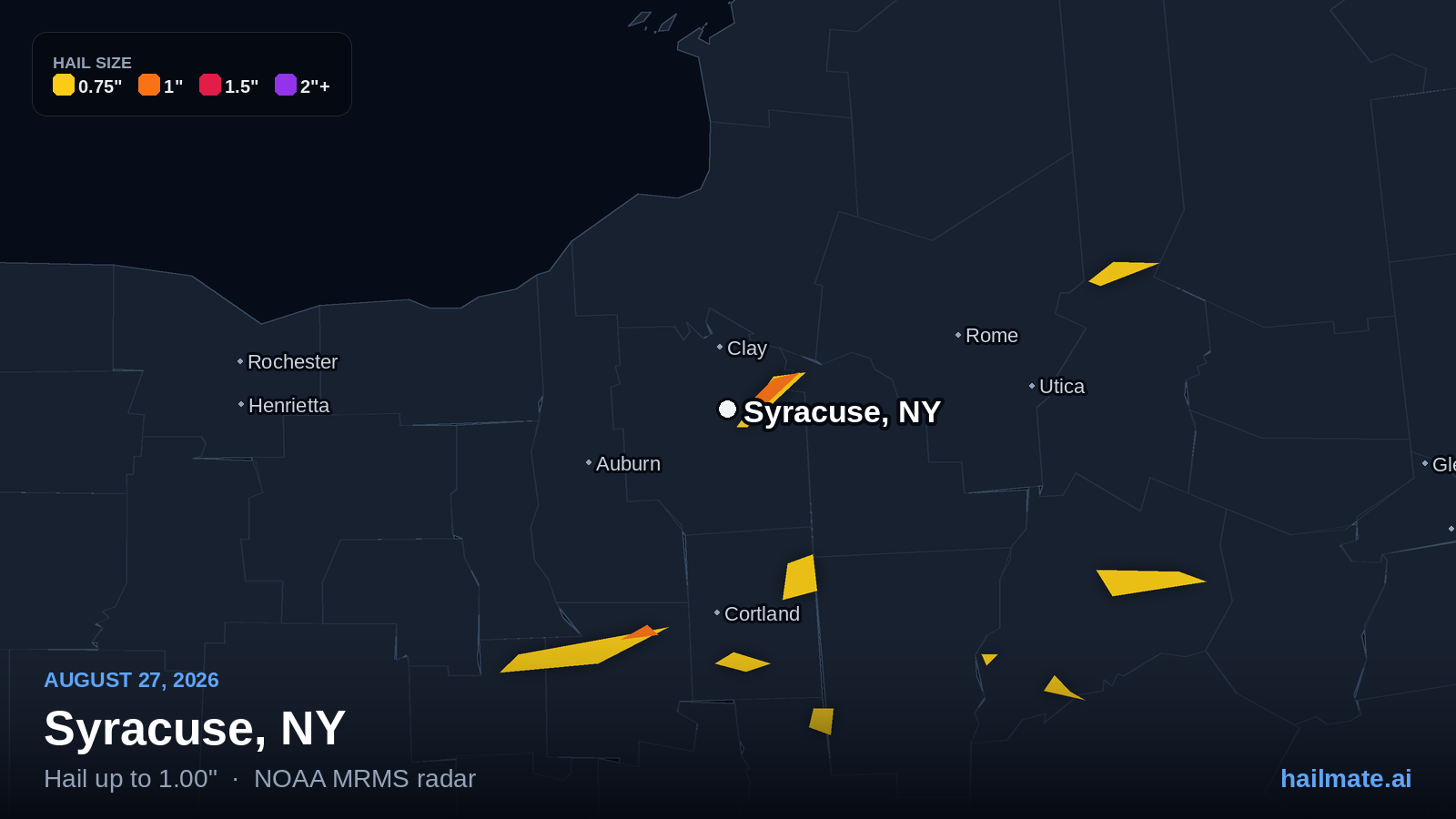 Hail swath map for Syracuse, NY on August 27, 2026 showing 1.00 inch hail.