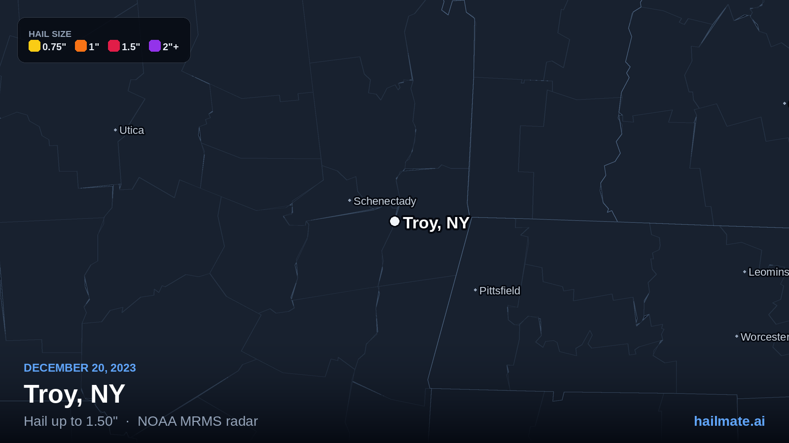 Hail swath map for Troy, NY on December 20, 2023 showing 1.50 inch hail.
