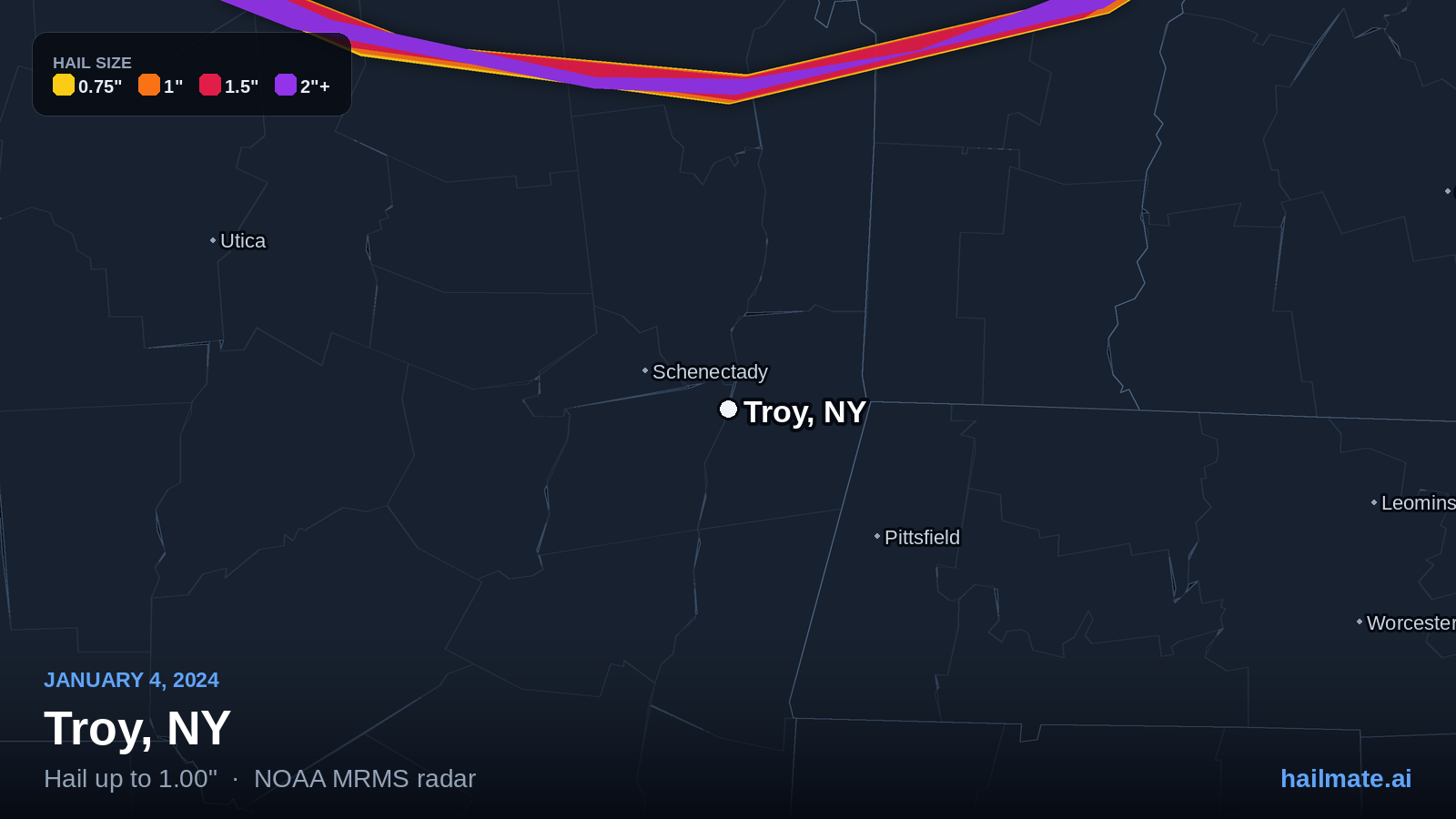 Hail swath map for Troy, NY on January 4, 2024 showing 1.00 inch hail.