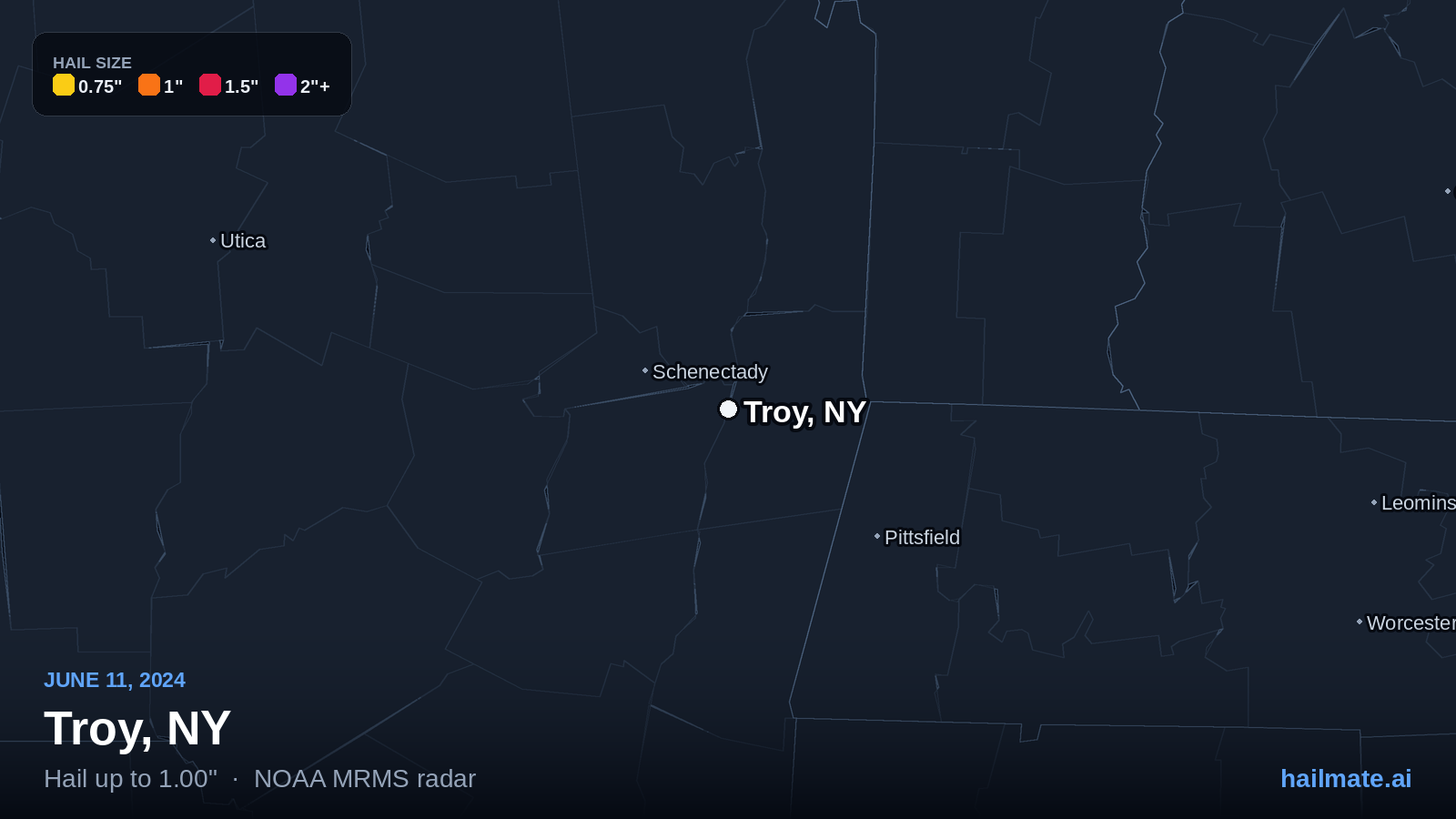 Hail swath map for Troy, NY on June 11, 2024 showing 1.00 inch hail.