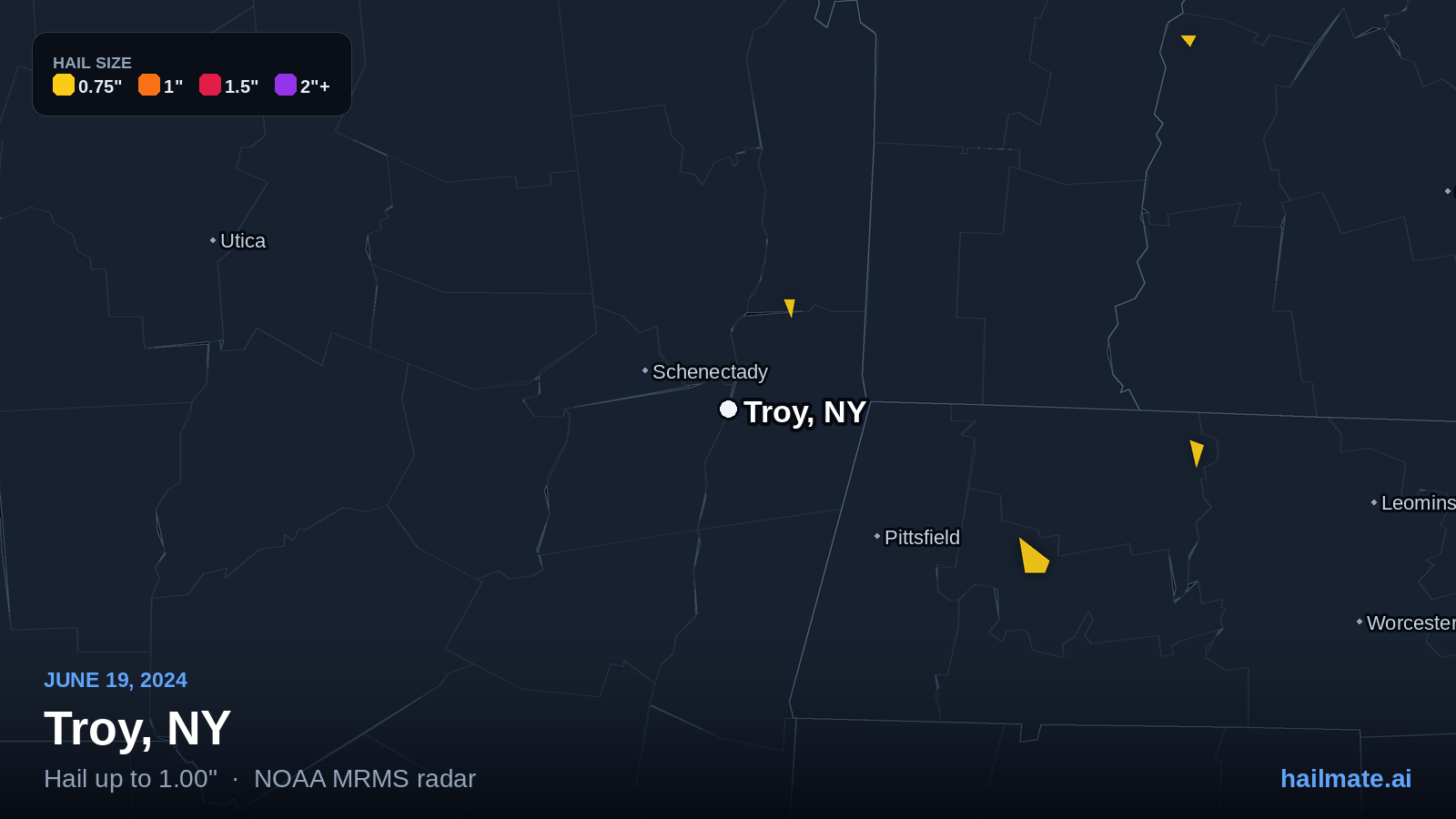 Hail swath map for Troy, NY on June 19, 2024 showing 1.00 inch hail.