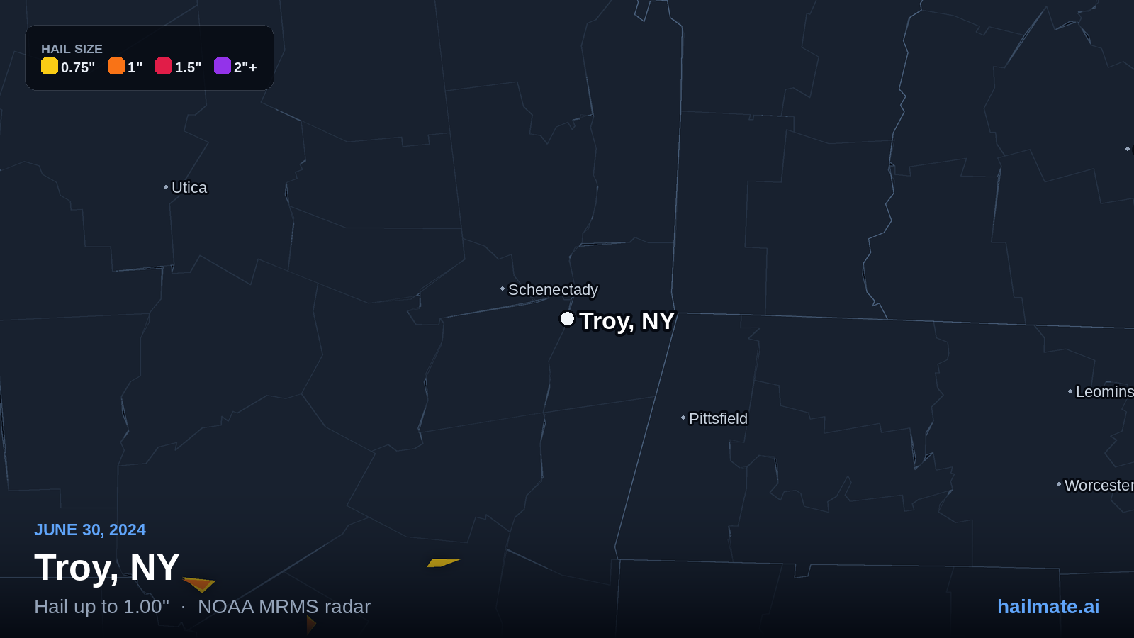 Hail swath map for Troy, NY on June 30, 2024 showing 1.00 inch hail.