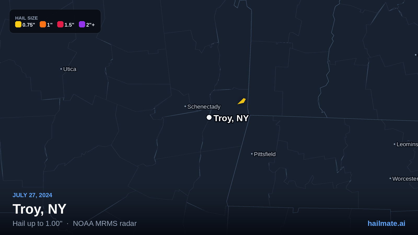 Hail swath map for Troy, NY on July 27, 2024 showing 1.00 inch hail.