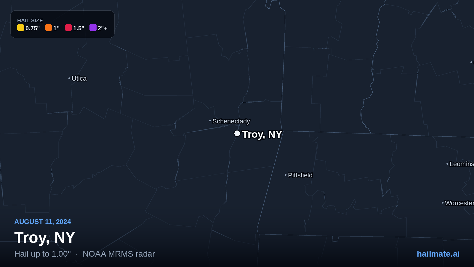 Hail swath map for Troy, NY on August 11, 2024 showing 1.00 inch hail.