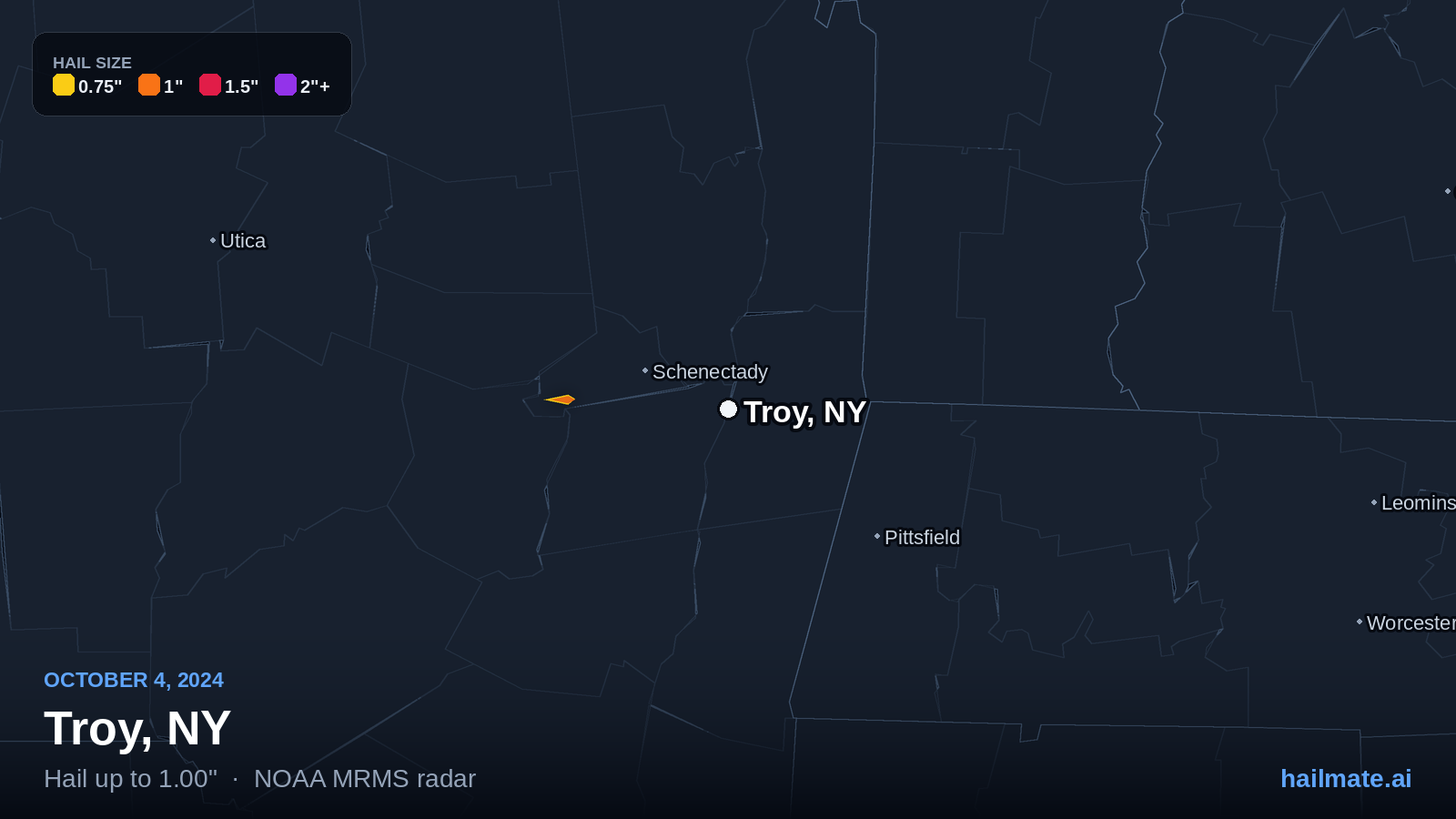 Hail swath map for Troy, NY on October 4, 2024 showing 1.00 inch hail.