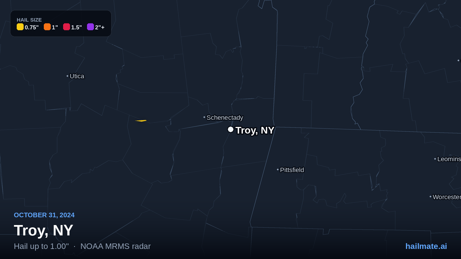 Hail swath map for Troy, NY on October 31, 2024 showing 1.00 inch hail.