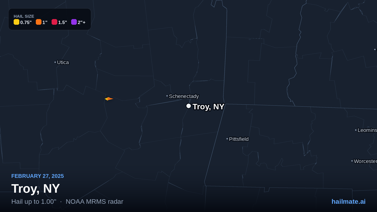 Hail swath map for Troy, NY on February 27, 2025 showing 1.00 inch hail.