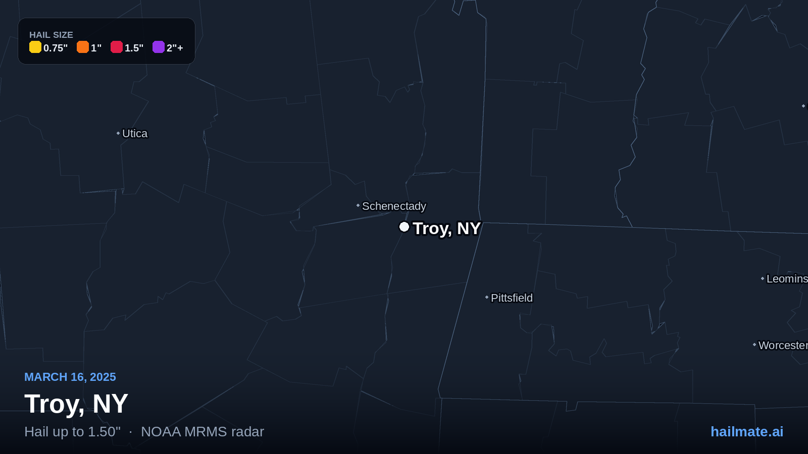Hail swath map for Troy, NY on March 16, 2025 showing 1.50 inch hail.