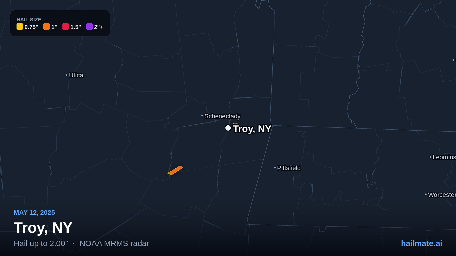 Hail swath map for Troy, NY on May 12, 2025 showing 2.00 inch hail.